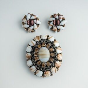 Danny Pollak Jewelry Set Glass Rhinestone Pendant Brooch and Earring Silver Tone